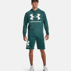 Under Armour Men's UA Rival Fleece Big Logo Hoodie Coastal Teal / Onyx White -Sportswear Shop v5 1357093 722 fsf