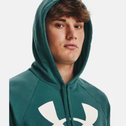 Under Armour Men's UA Rival Fleece Big Logo Hoodie Coastal Teal / Onyx White -Sportswear Shop v5 1357093 722 hood